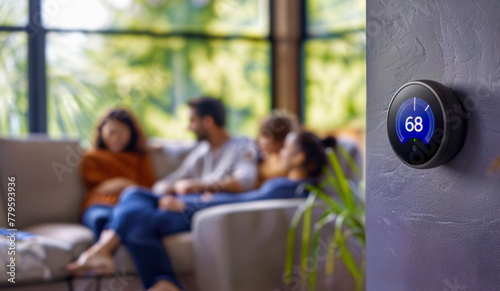 Modern Smart Thermostat and Relaxed Family - AI generated digital art photo