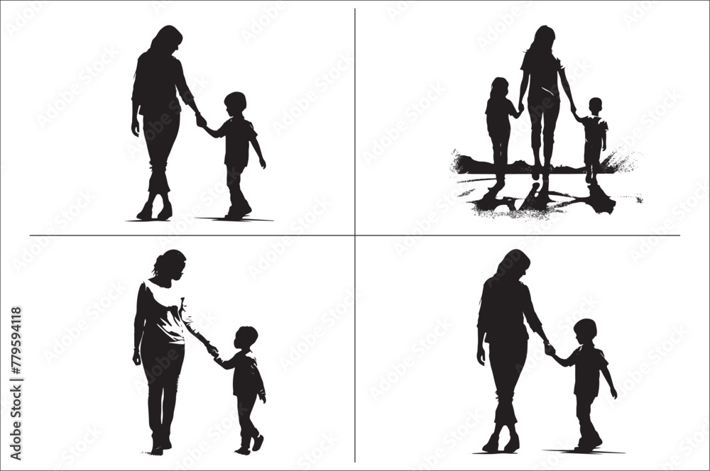 Mom and son silhouette vector clipart. Mom and son walking holding hand silhouette. 