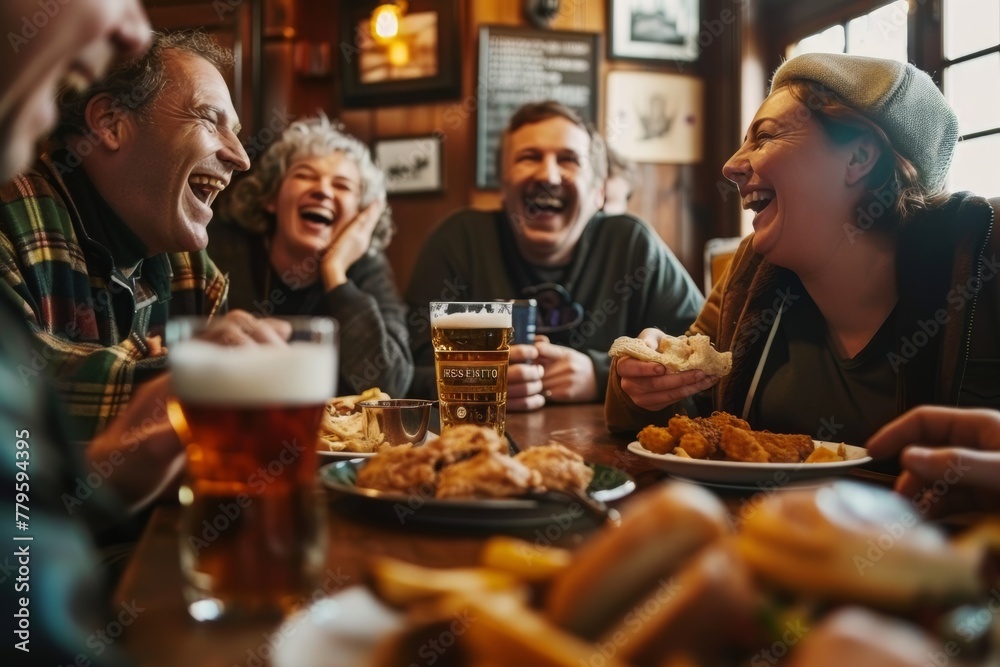 A joyful gathering of friends enjoying a meal in a pub-like setting