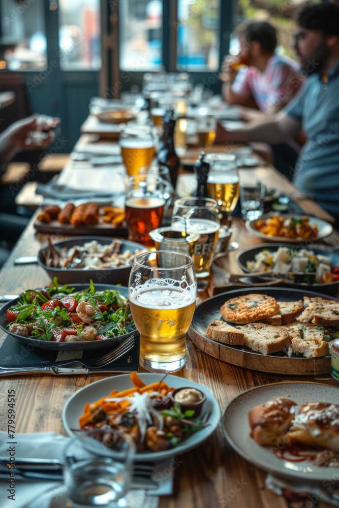 Table with beer and snacks for a large group. Lots of different food for meeting friends in a pub or beer bar