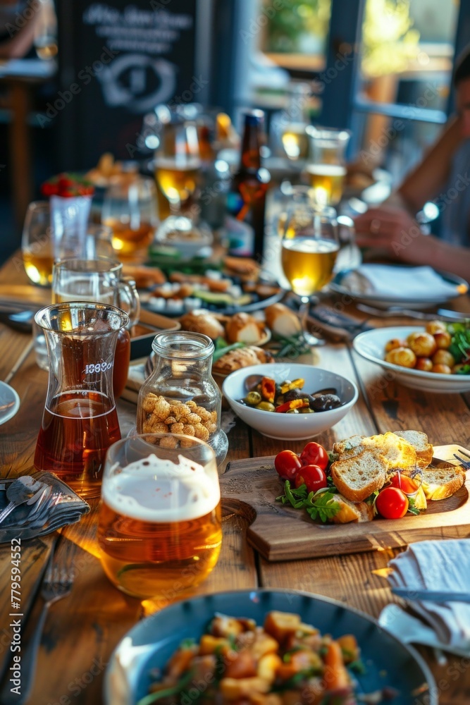 Table with beer and snacks for a large group. Lots of different food for meeting friends in a pub or beer bar