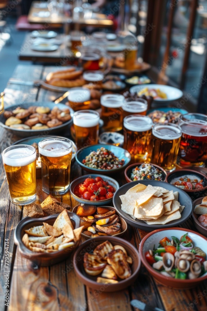 Table with beer and snacks for a large group. Lots of different food for meeting friends in a pub or beer bar