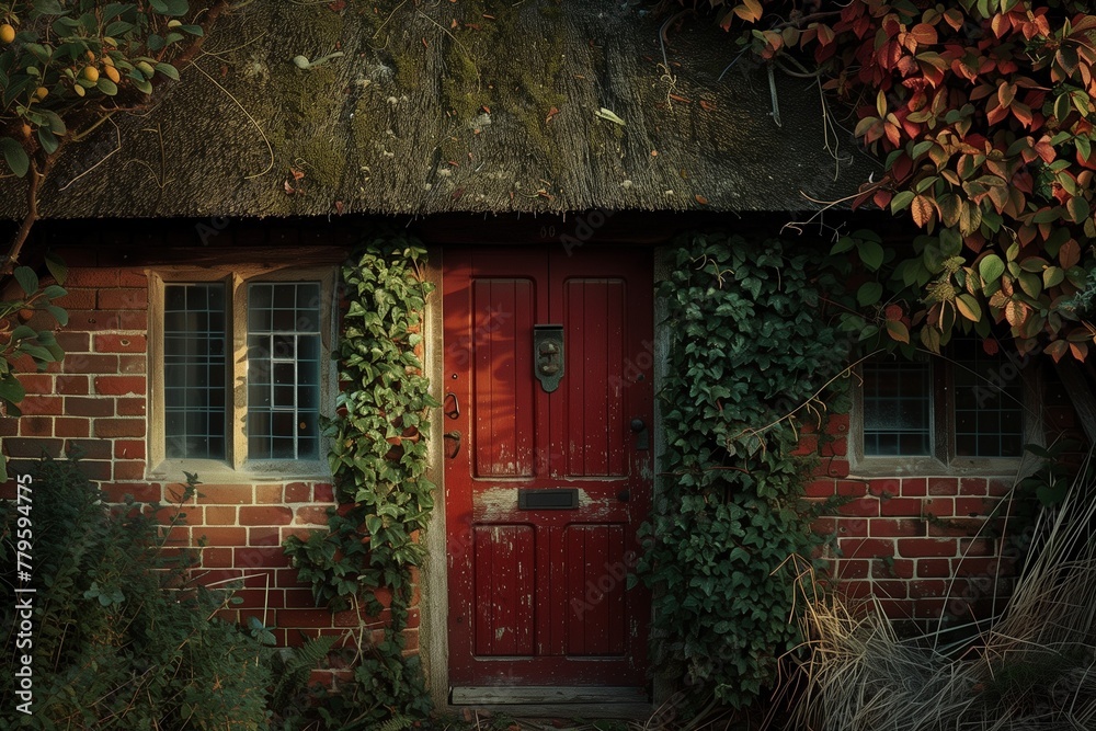 a red door with vines around it in front of a brick building