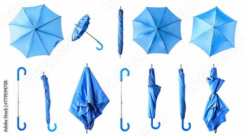 A set depicting the step-by-step process of opening a blue umbrella, isolated against a white background for clear visualization photo