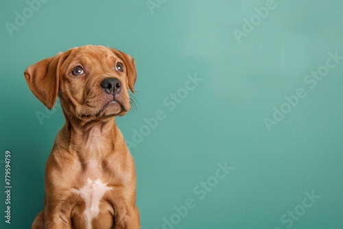 Crossbreed puppy sitting on green background photo