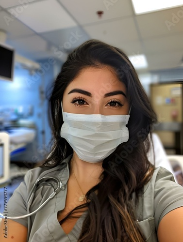 AI generated illustration of a female healthcare worker in a surgical mask and stethoscope