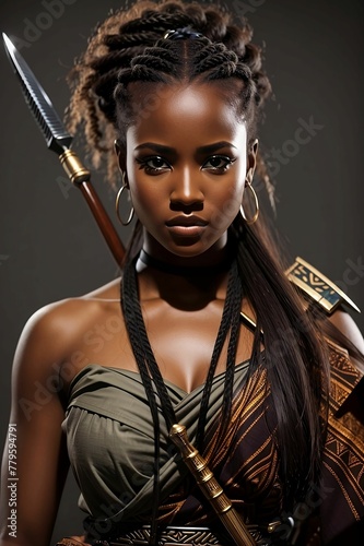 A beautiful black african american woman with braids and dagger in front of a dark background