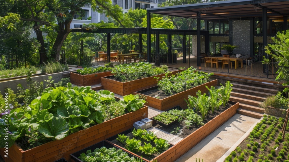 Urban garden with raised beds and pavilion