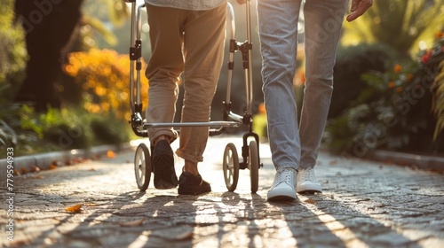 Senior man is assisted by a caregiver with a walking frame