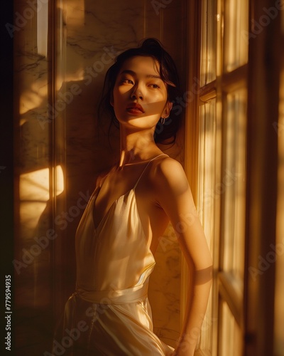 Young woman in a white dress poses near a window, AI-generated.