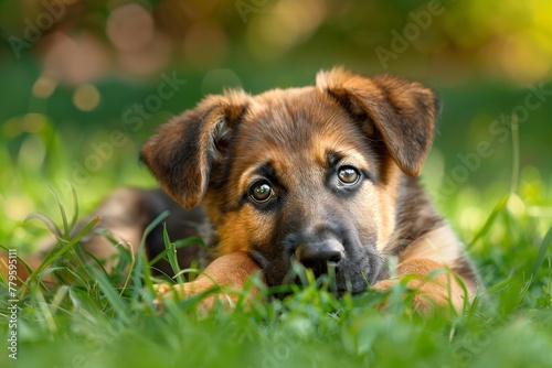 Cute alert German shepherd puppy lounging in grass on a summer day Portrait Photo