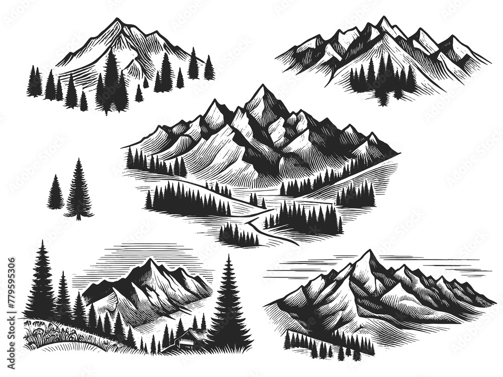 set of engraved various mountain landscapes with majestic peaks and evergreen forests sketch engraving generative ai raster illustration. Scratch board imitation. Black and white image.