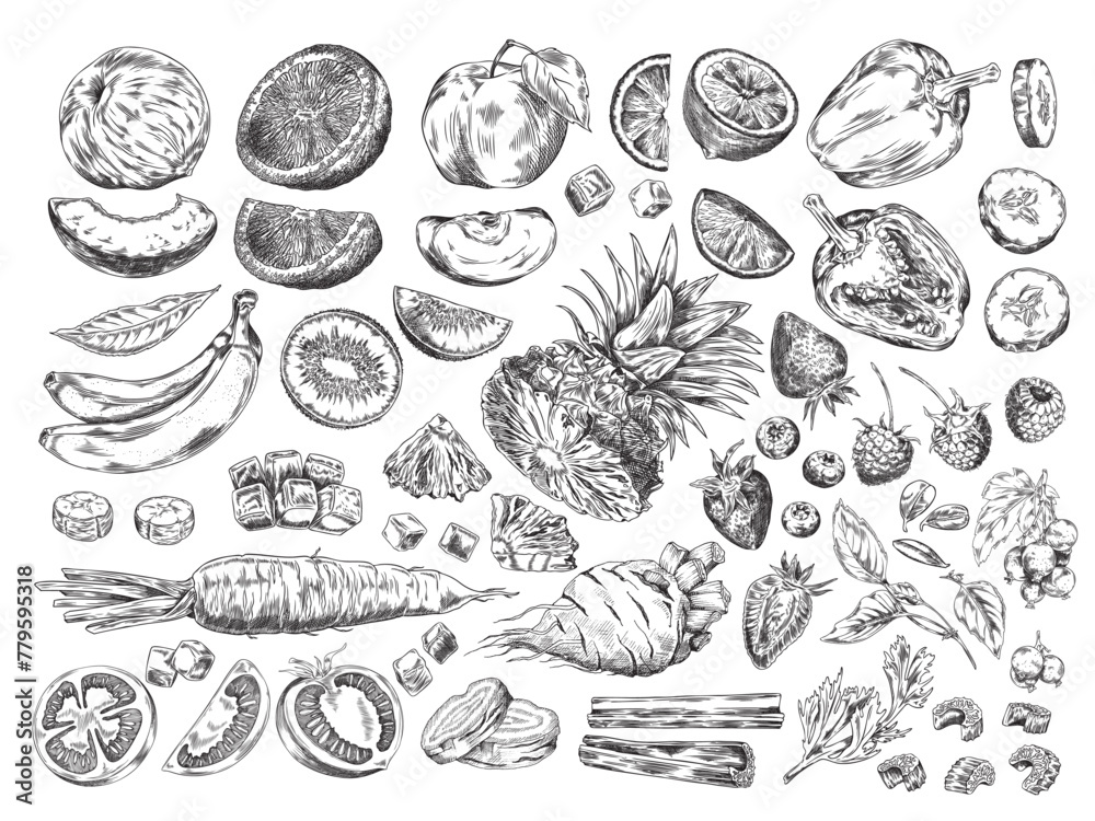 Enjoy the combination of fruits and vegetables drawn in a vector on a white background Enjoy the combination of fruits and vegetables drawn in a vector on a white background