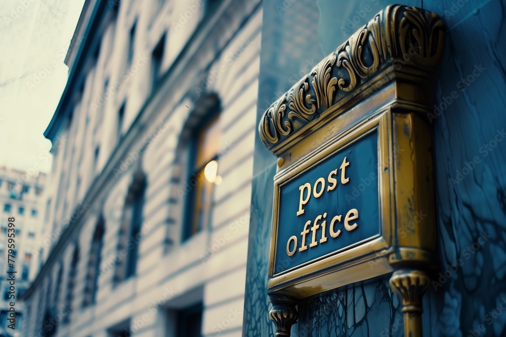 AI-generated illustration of a post office sign displayed on a pillar next to a building