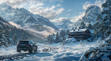 Winter Wonderland Retreat: Luxury SUV in a Majestic Mountain Setting - AI-generated digital art
