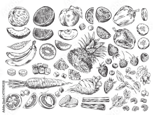Enjoy the combination of fruits and vegetables drawn in a vector on a white background