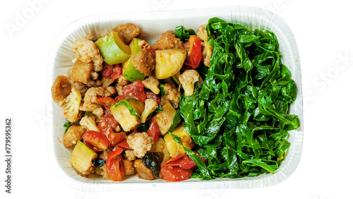 Stir fried pork with spinach and tomato isolated on white background.