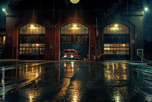 AI-generated illustration of a dimly lit old fire station during rain at night