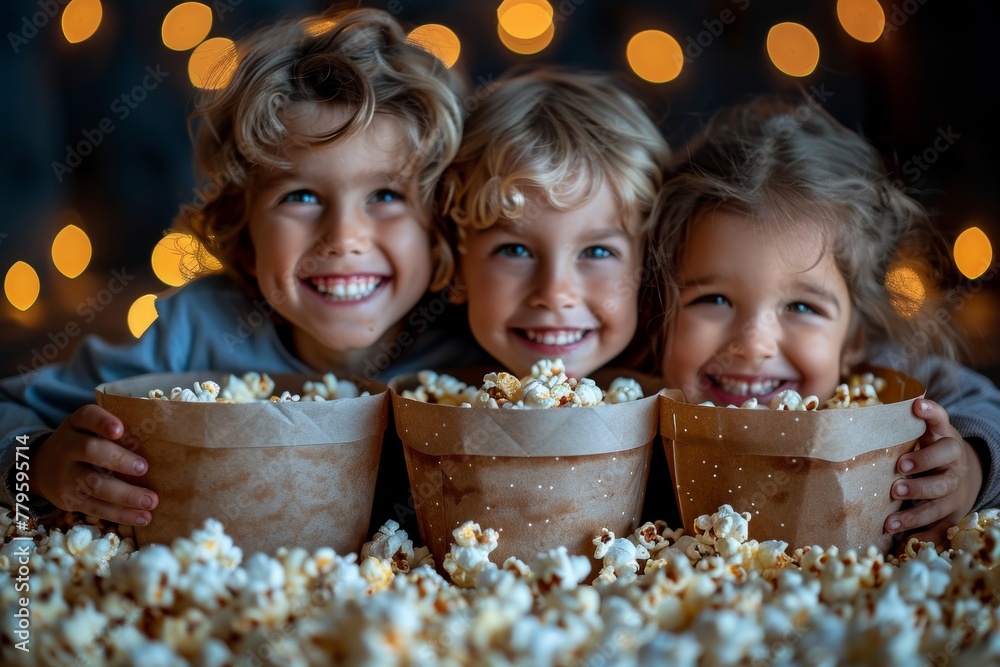 Joy of cinema through eyes of child, as they sit captivated by big screen, their attention momentarily diverted to tempting bucket of popcorn. Joy of cinema through eyes of child, as they sit captivated by big screen, their attention momentarily diverted to tempting bucket of popcorn.