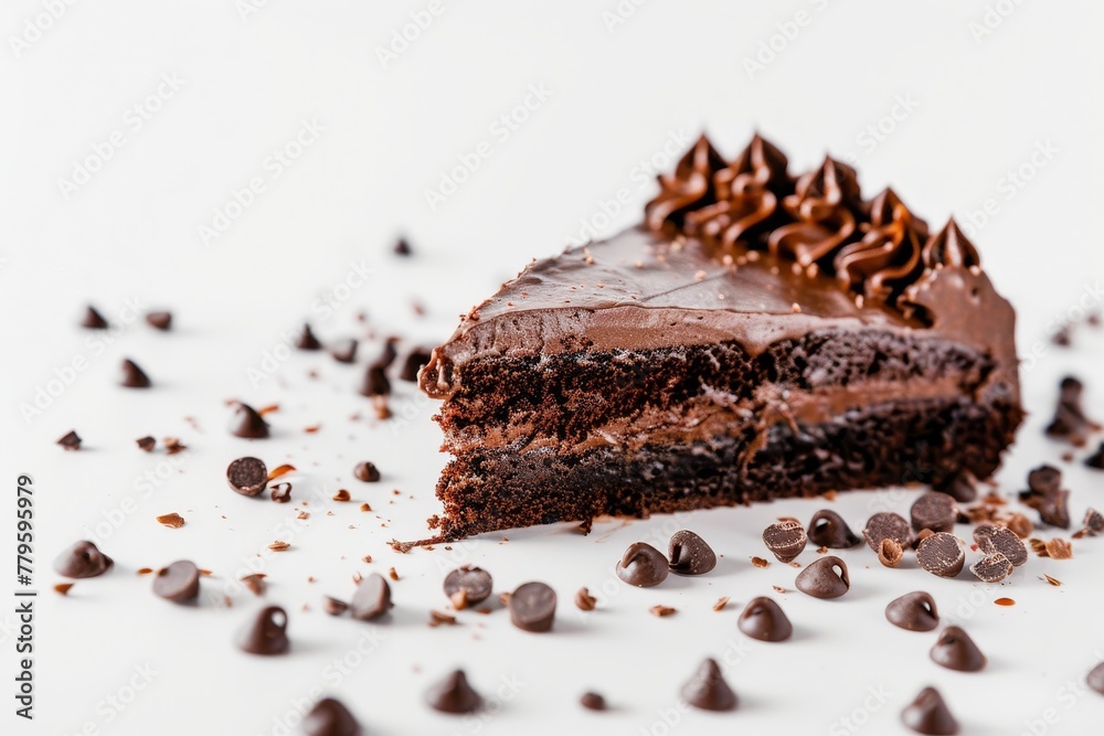 Delicious chocolate cake on white plate Delicious chocolate cake on white plate