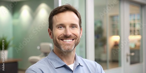 Smiling man with beautiful teeth in a dental clinic. photo