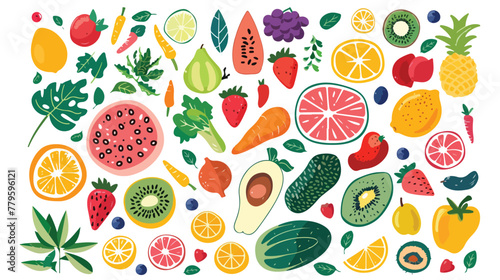 Fresh fruits and vegetables Flat vector isolated on white