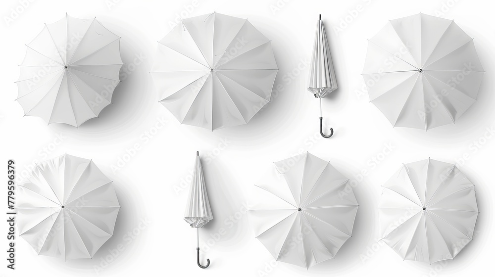 A vector set of 3D realistic renderings of white blank umbrellas, both ...