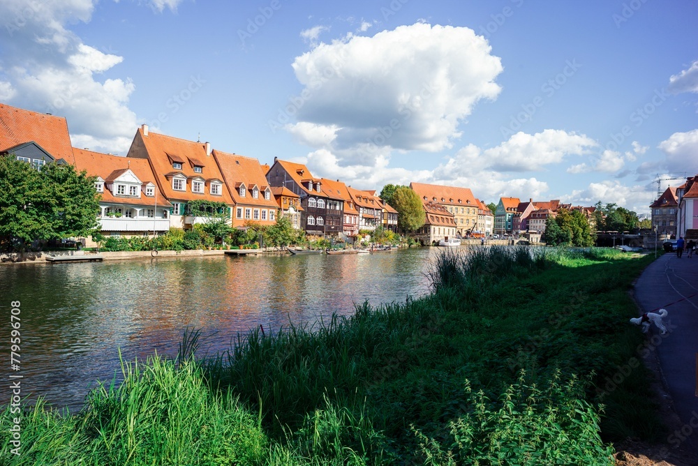 Beautiful landscape of river Regnitz in the ancient Bamberg City, Bavaria