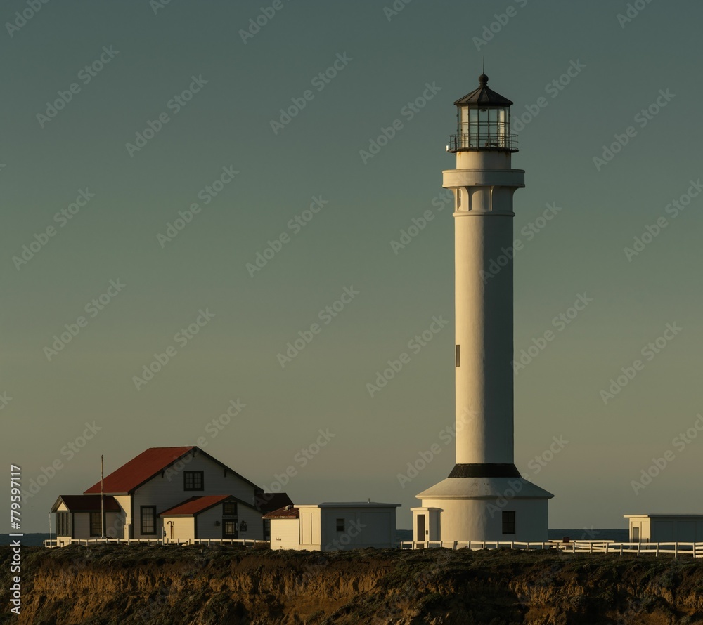 Closeup of the Point Arena Lighthouse during sunset at Mendocino County in California