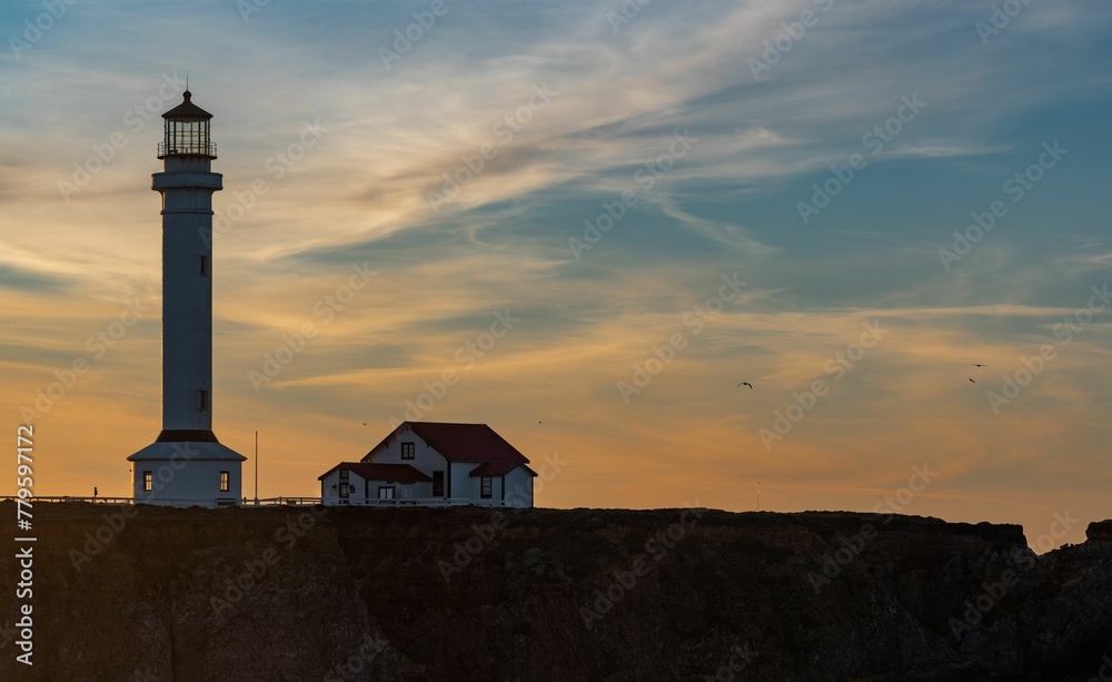 Closeup of the Point Arena Lighthouse at dusk at Mendocino County in California