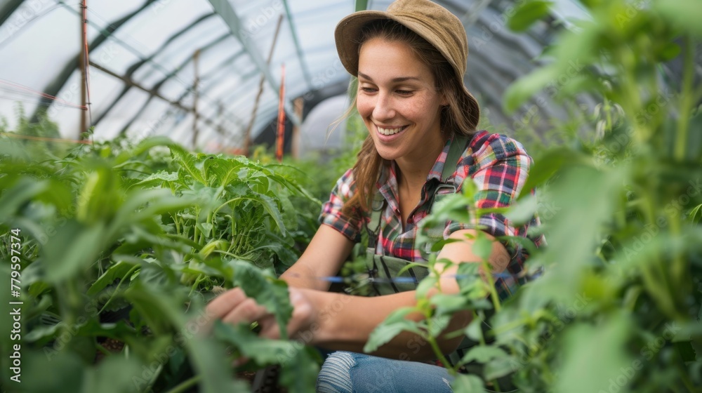 Young woman in a straw hat caring for plants in a greenhouse. Young woman in a straw hat caring for plants in a greenhouse.