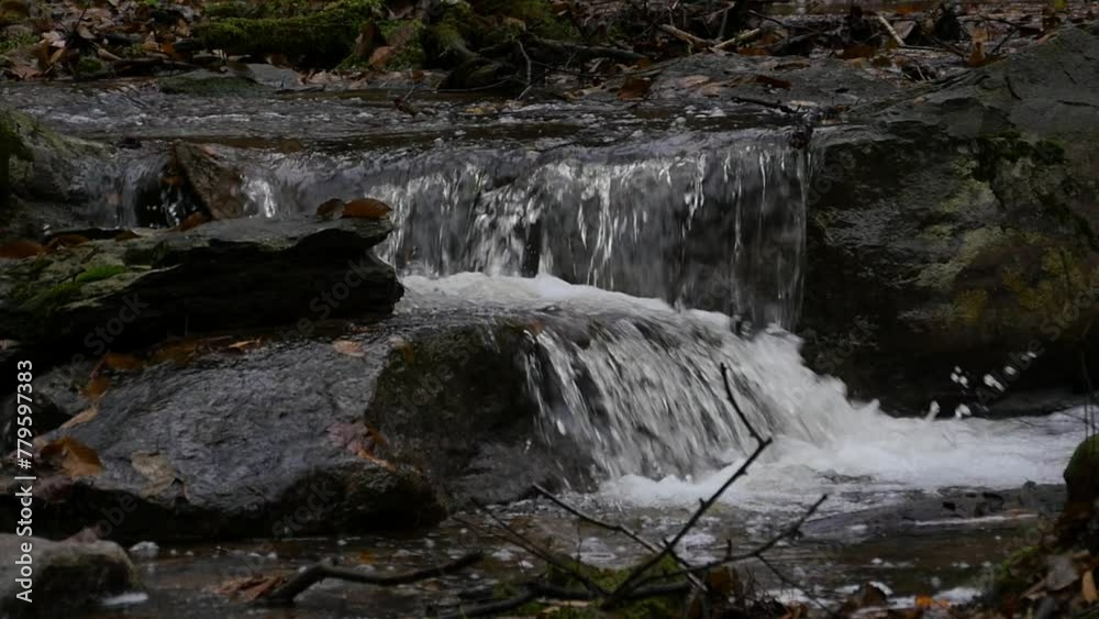 Closeup shot of a small waterfall on a stream with rocks in the forest Closeup shot of a small waterfall on a stream with rocks in the forest