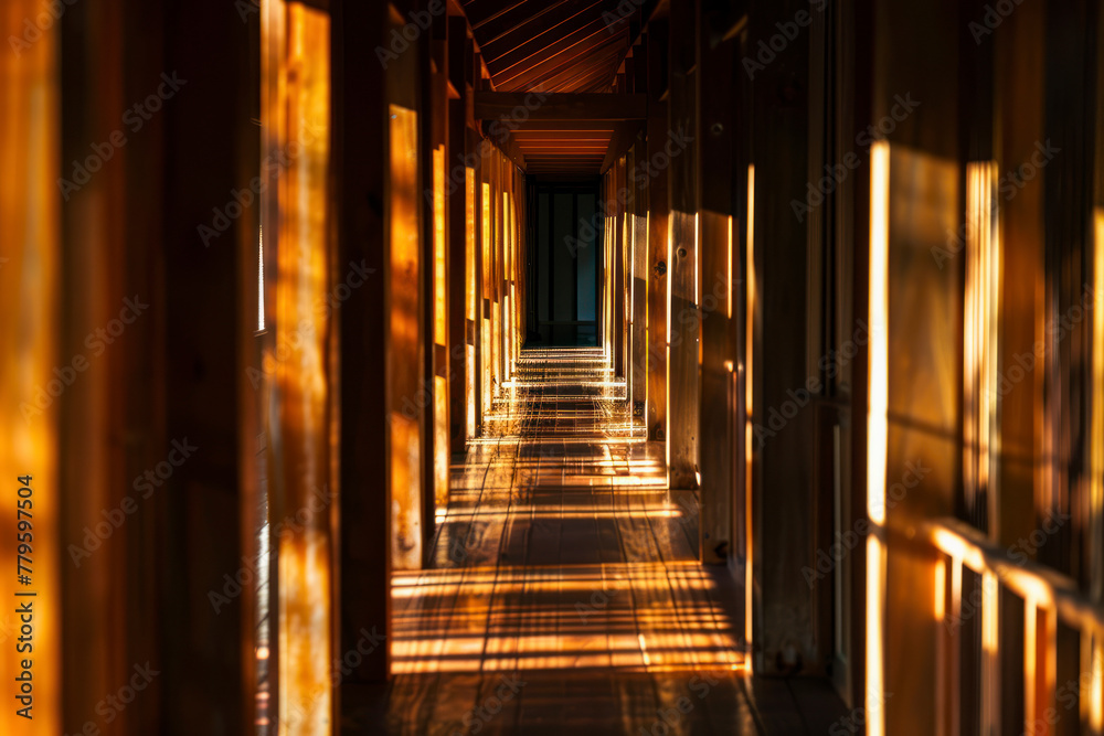 Fototapeta premium Light entering the dark corridor. Wooden construction.