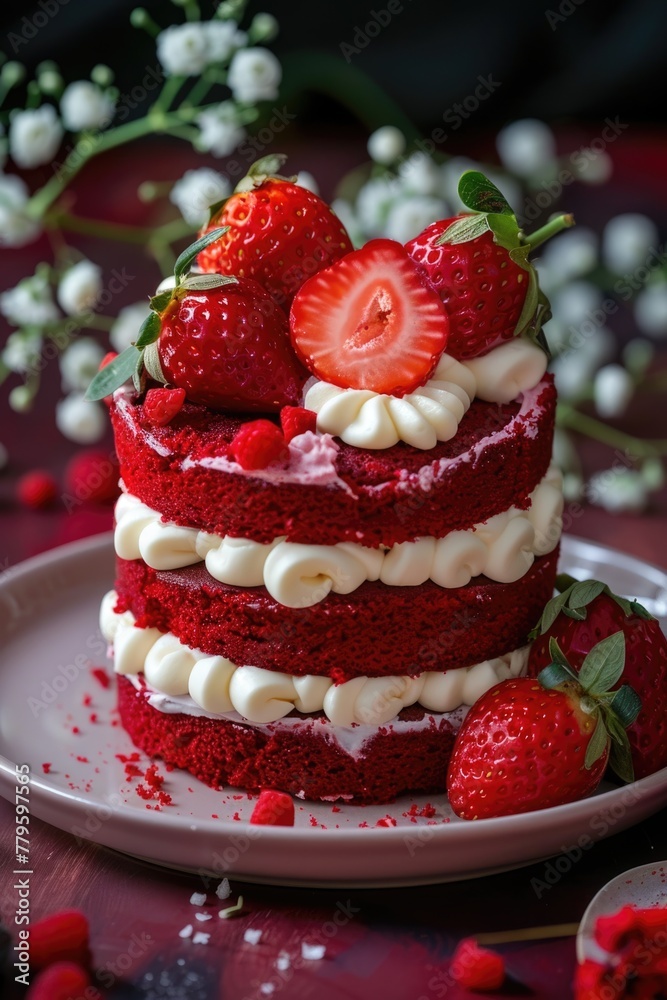 Red velvet cake with cream and strawberries on a plate.