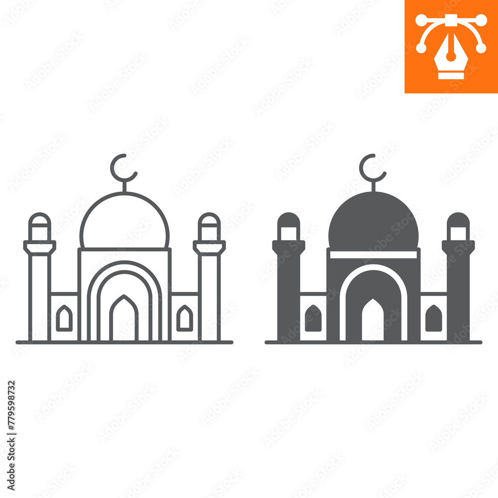 Mosque line and solid icon, outline style icon for web site or mobile app, Islamic and Ramadan, Muslim vector icon, simple vector illustration, vector graphics with editable strokes.