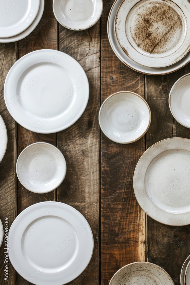 Flat lay of white plates on a wooden rustic table. Tableware presentation and home dining concept. Flat lay of white plates on a wooden rustic table. Tableware presentation and home dining concept.