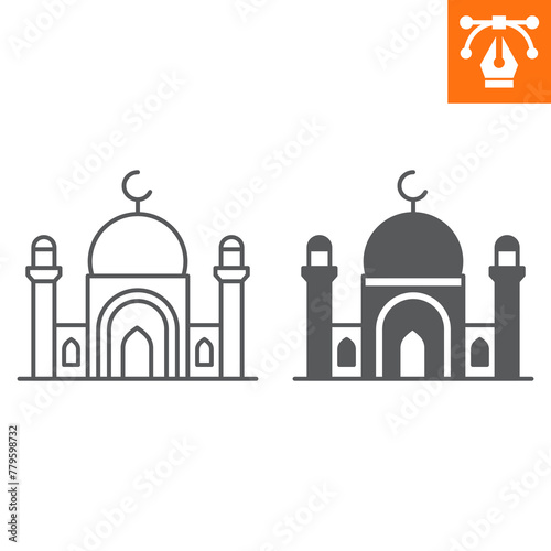 Mosque line and solid icon, outline style icon for web site or mobile app, Islamic and Ramadan, Muslim vector icon, simple vector illustration, vector graphics with editable strokes.