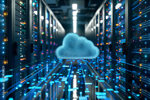 Cloud Technology. A visual representation of cloud computing inside a data center with servers and glowing network connections..