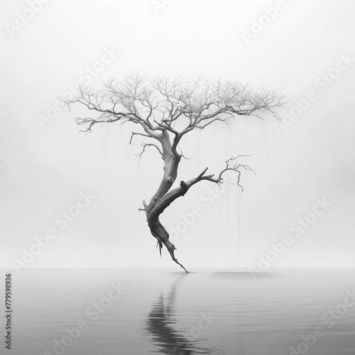 Winter s Serene Tranquility  Photorealistic Minimalist Illustrations Depicting Solitary Trees Reflecting in Calm Waters - Serene Landscape Art  Mindful Home Decor  Tranquil Meditation Imagery