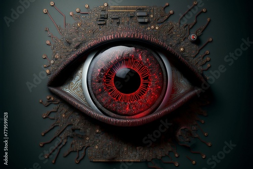 an eye with an artificial chip around it in the form of a circuit