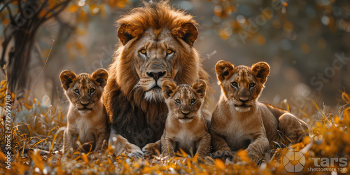 A lion family with the male in front of them, surrounded cubs and their teeth. Created with Ai photo