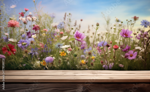 wooden platform with wildflowers