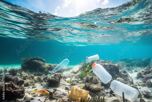 .Clear ocean water showing plastic bottles and trash on seabed. © lenblr