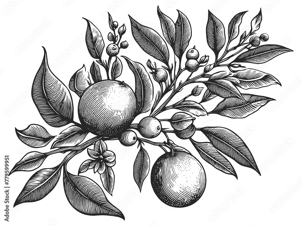 Naklejka premium Orange tree citrus branch, featuring ripe fruits, blossoms, and leaves, in an engraved style sketch engraving generative ai raster illustration. Scratch board imitation. Black and white image.
