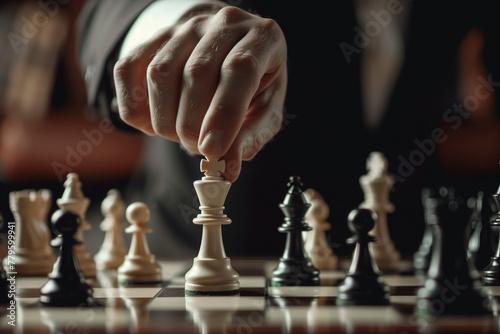 Businessman moving chess piece on chess board game