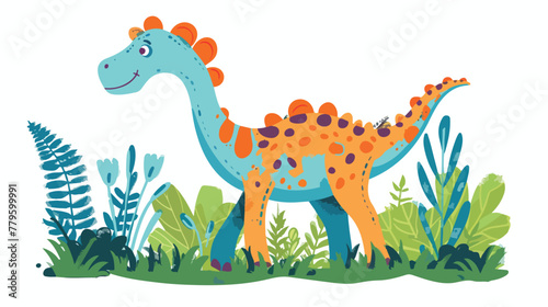 Funny spotted diplodocus walks in the grass. Cute din