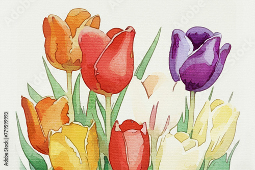 Tulips . Watercolor painting on canvas .  Botanical illustration for printing on wall decorations. Generated by Ai