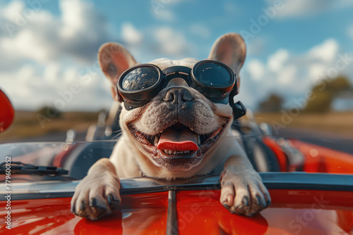 A French Bulldog wearing goggles, driving an orange convertible car on the road. Created with Ai  © Visual