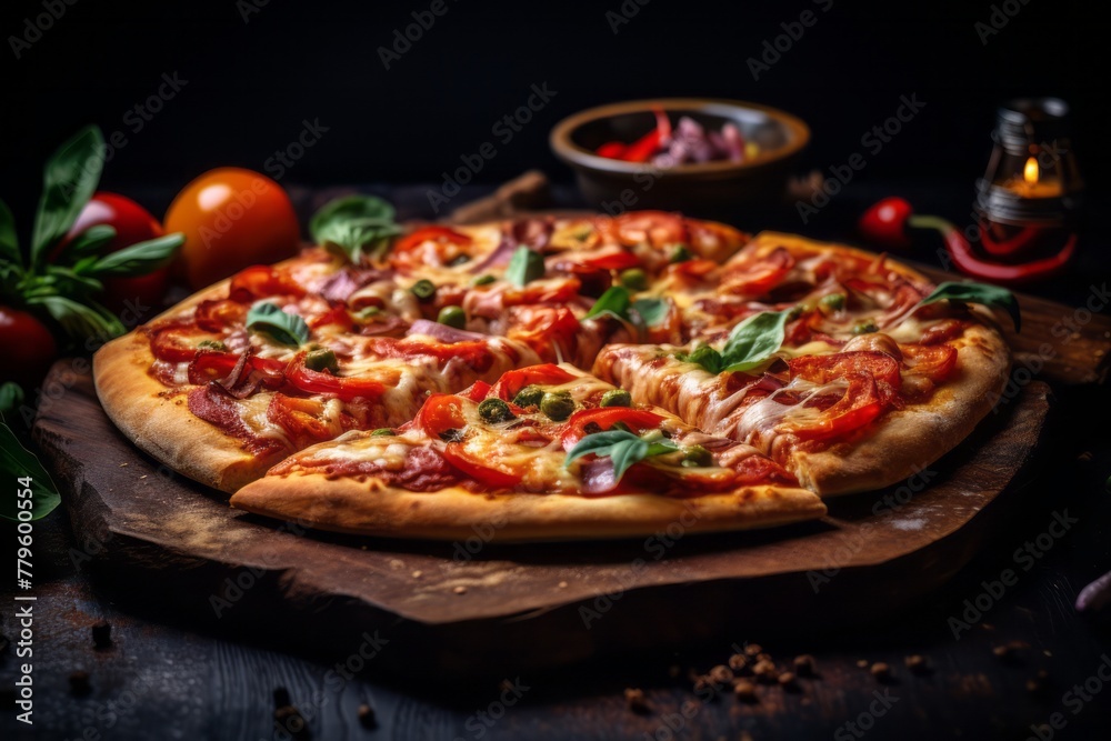 Tempting pizza on a rustic plate against a dark background