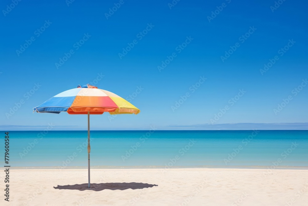 Oceanfront relaxation, showcasing a simple beach umbrella planted firmly in the sand. The tranquil ocean stretches to the horizon under a clear sky, evoking a sense of calm and tranquility.